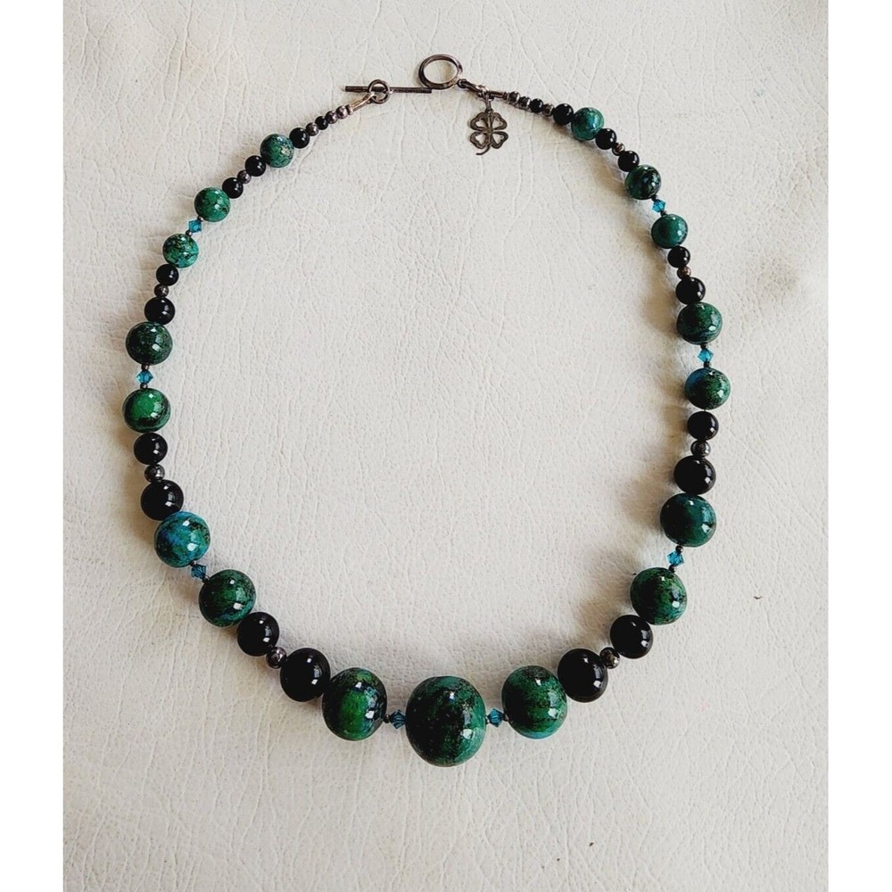 Vintage Sterling Graduated Beaded CHRYSOCOLLA ONYX Necklace - Picture 2 of 10